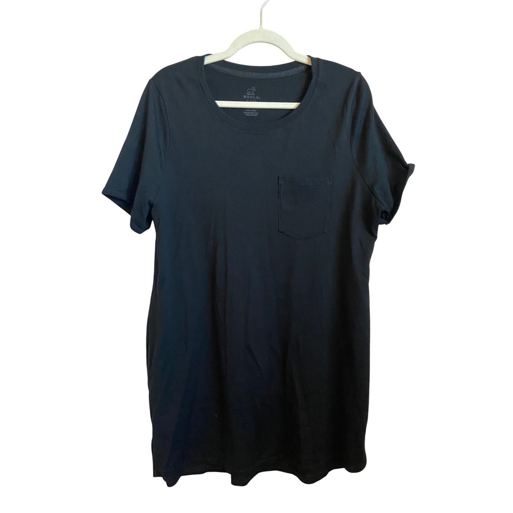Woolx Black Merino Wool T-Shirt Dress Tunic Short Sleeve Pocket XL